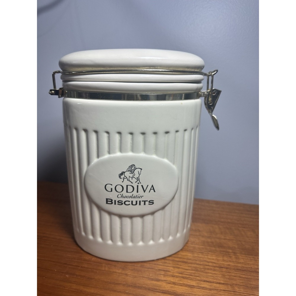 Godiva Chocolatier Biscuits Oval Ceramic Jar Canister w/ Latch Lid Cream Color